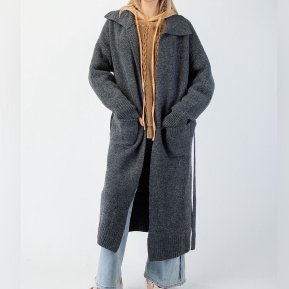 4199. EASEL 🛑AT COST OVERSIZED Grey Cardigan maxi soft long Duster Fuzzy Pocket - Picture 3 of 6